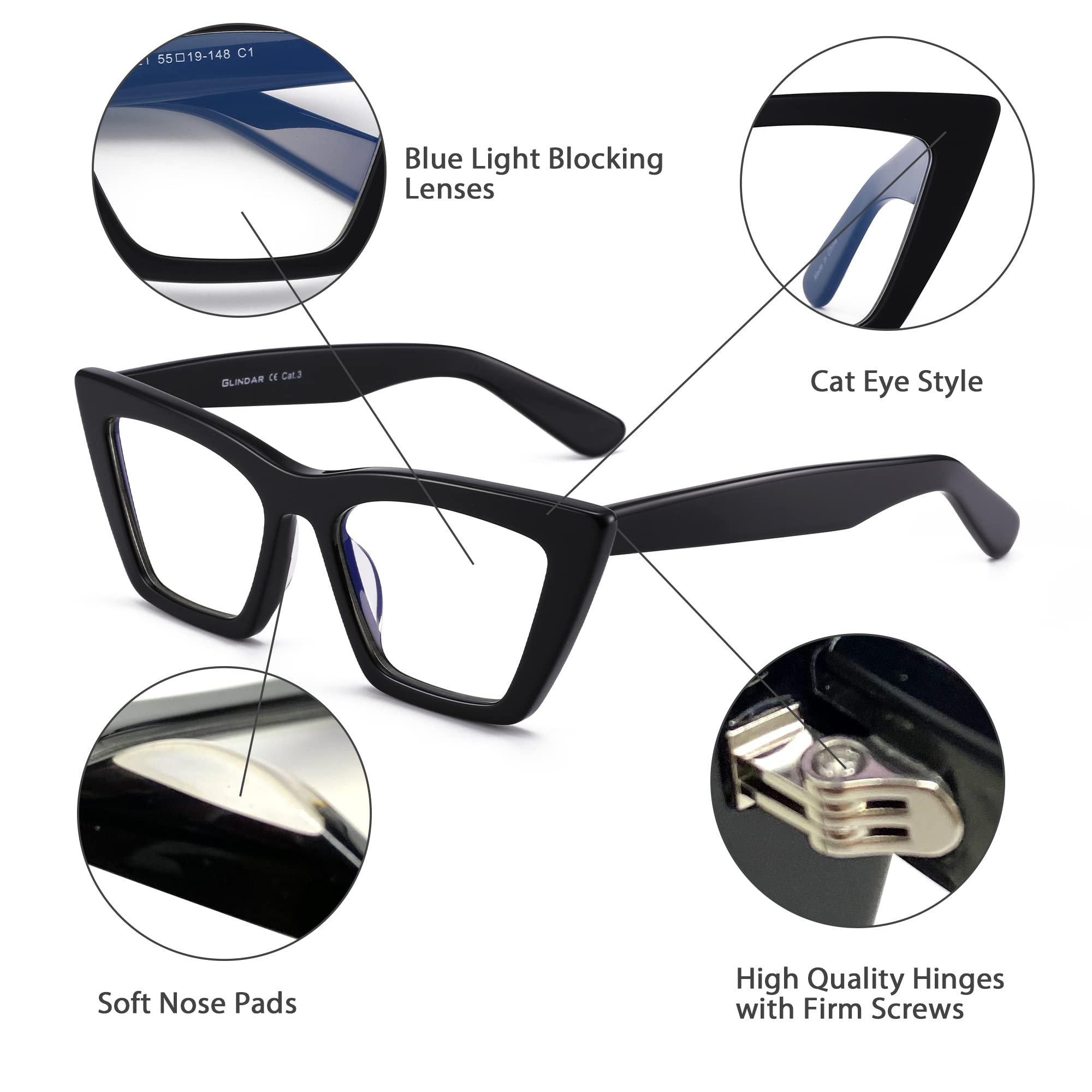 Glindar occhiali luce blu cat eye neri in acetato