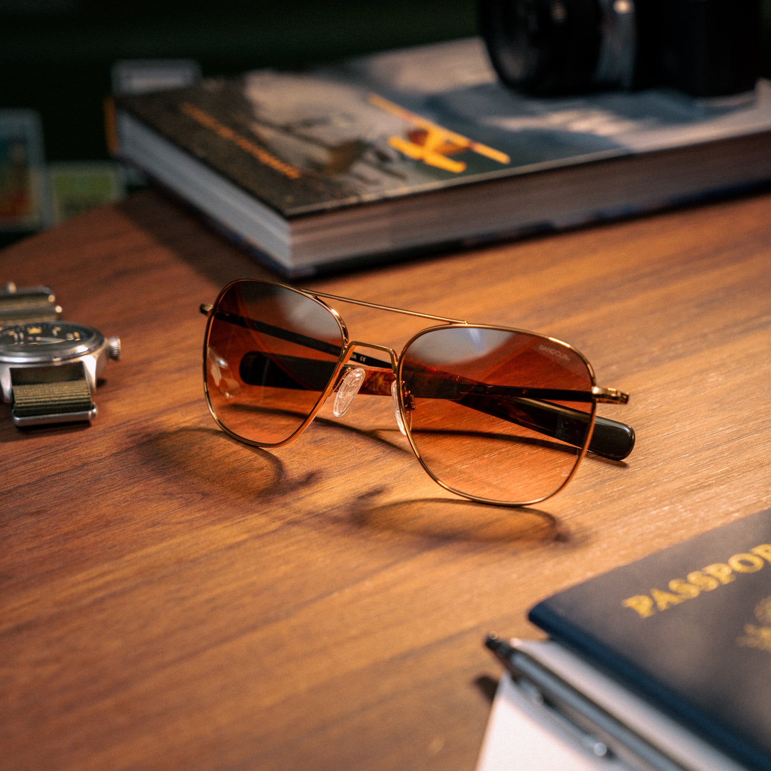 Randolph Aviator Chocolate Gold Cape Sand occhiali da sole 55mm