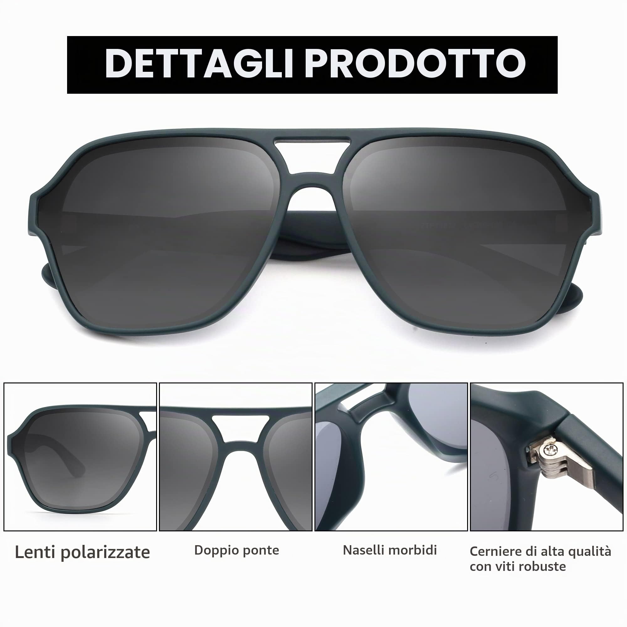 Glindar occhiali da sole pilota polarizzati nero lucido grigio
